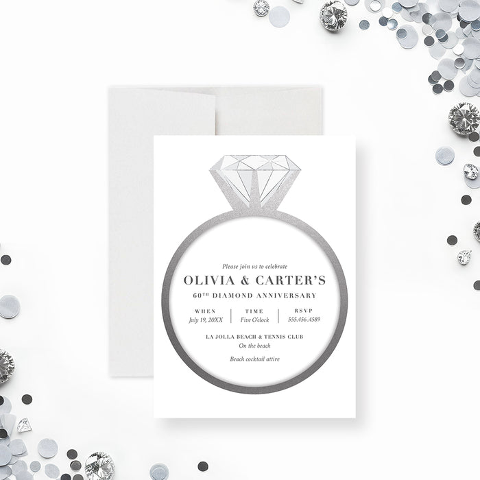60th wedding anniversary invitation with diamond ring design, classic lettering, gray accents, and personalized celebration details-front