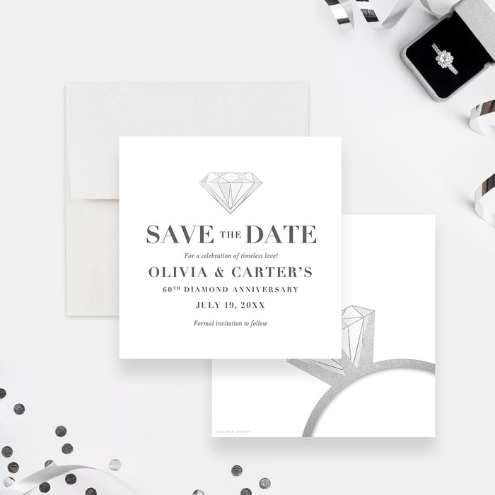 60th diamond wedding anniversary save the date card with jewel-inspired design, elegant monochrome styling, and custom anniversary details-front-back