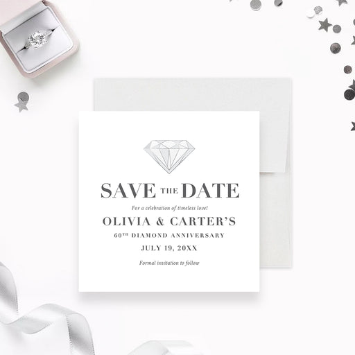 60th diamond wedding anniversary save the date card with jewel-inspired design, elegant monochrome styling, and custom anniversary details-front