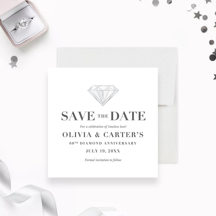 60th diamond wedding anniversary save the date card with jewel-inspired design, elegant monochrome styling, and custom anniversary details-front