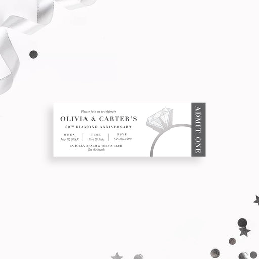 diamond ring 60th wedding anniversary ticket invitation with elegant silver-inspired design and personalized celebration details
