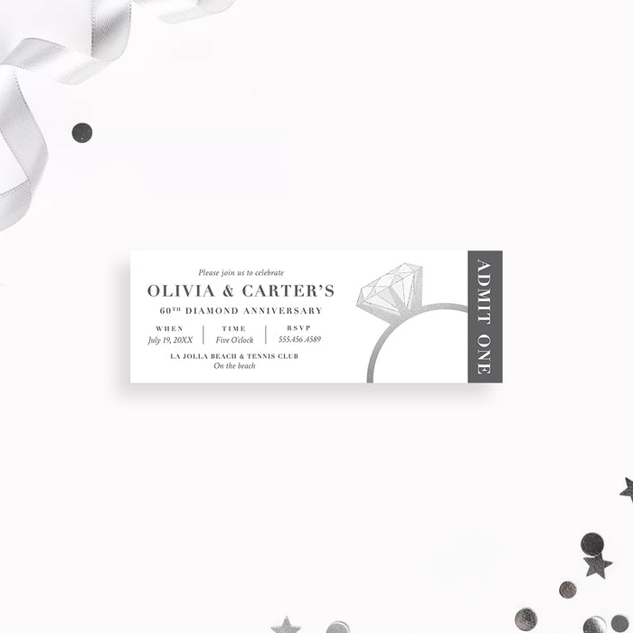 diamond ring 60th wedding anniversary ticket invitation with elegant silver-inspired design and personalized celebration details