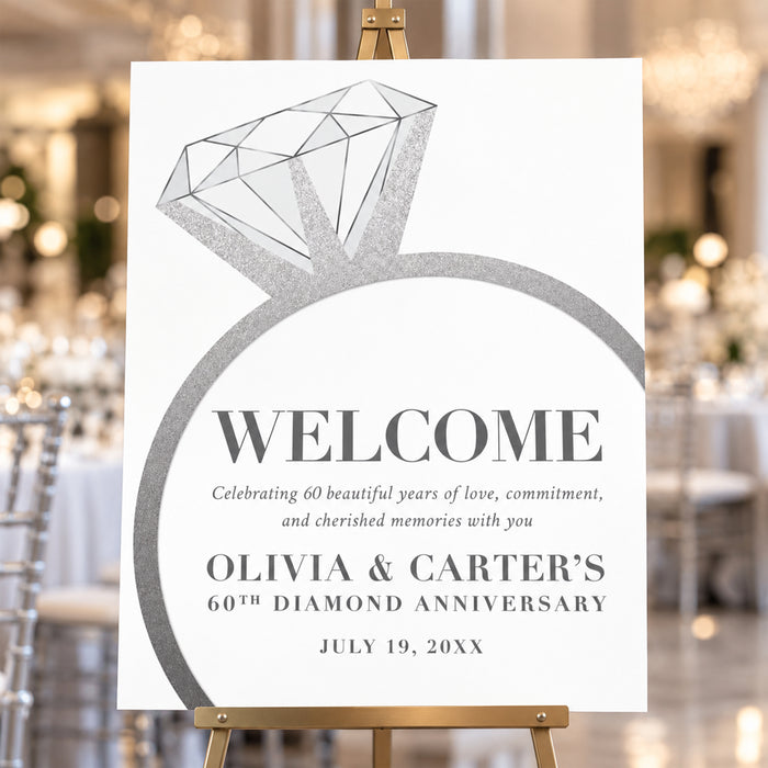 60th wedding anniversary welcome sign with diamond ring design, elegant wording, and personalized details for a diamond anniversary celebration