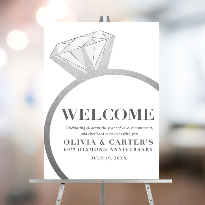 60th wedding anniversary welcome sign with diamond ring design, elegant wording, and personalized details for a diamond anniversary celebration
