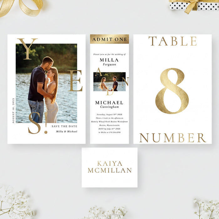 wedding-related elements, including a couple posing for a photo, a wedding invitation, and a table number.