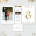 wedding-related elements, including a couple posing for a photo, a wedding invitation, and a table number.