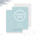 Minimalist blue holiday invitation featuring a white wreath and snowfall border with modern text for a winter Christmas party.