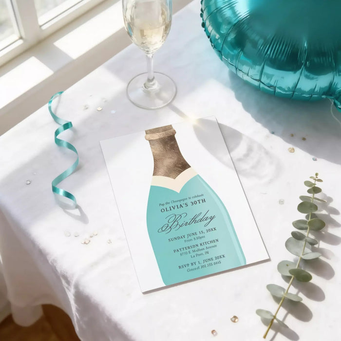 a birthday party invitation for a 30th celebration, with a champagne bottle design and a glass of white wine on a table.