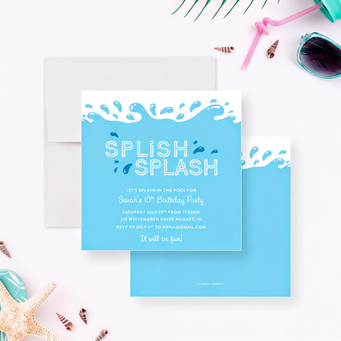 a blue invitation card with a water splash design, surrounded by various beach-themed items such as sunglasses, a starfish, and seashells.