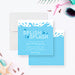 a blue invitation card with a water splash design, surrounded by various beach-themed items such as sunglasses, a starfish, and seashells.