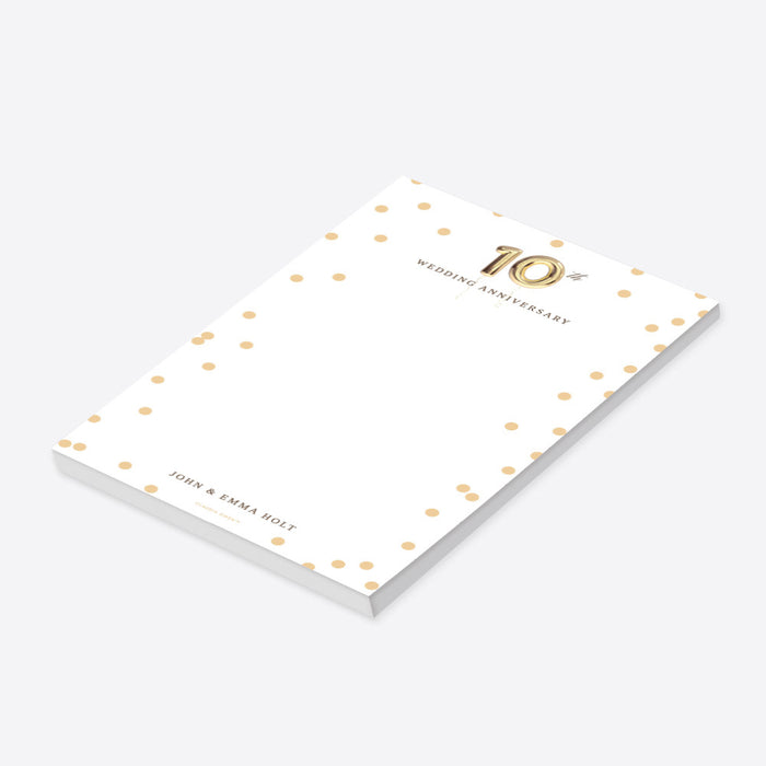 Elegant 10th Wedding Anniversary Notepad with Golden Balloon, Personalized Stationery Wedding Party Favor, Wedding Anniversary Writing Paper Pad with Polka Dots