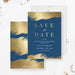 The image is a Save the Date invitation for the Pacific Coast University Law School's annual charity gala. The invitation has a blue background with gold brushstrokes and the text "Save the Date" prominently displayed.