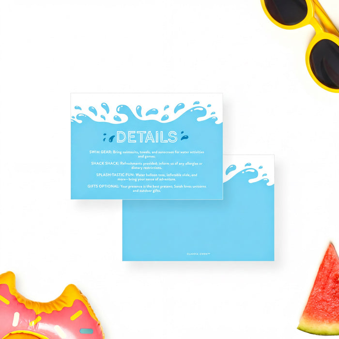a blue invitation card with text and a water splash design, along with sunglasses, a donut, and a slice of watermelon.