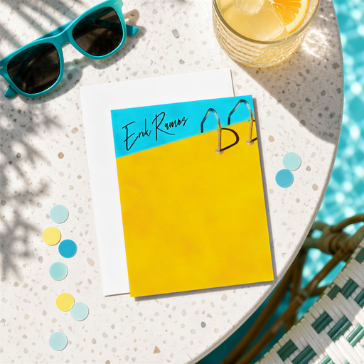 a table with a yellow card, sunglasses, a glass of orange juice, and some colorful circles scattered around.