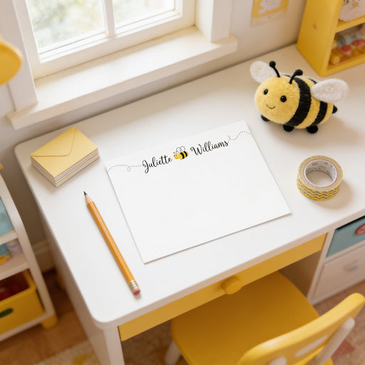 A white desk with a yellow chair, a yellow envelope, a yellow pencil, and a stuffed bee toy. The desk also has a blank piece of paper with the name "Juliette & Williams" written on it.