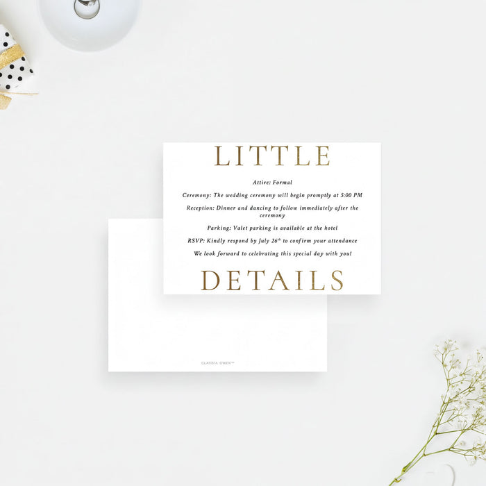 a wedding invitation card with details about the wedding ceremony and reception.
