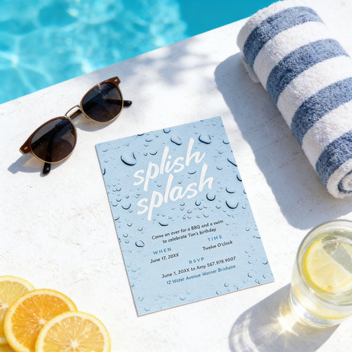 a blue invitation card with water droplets on it, placed on a table next to sunglasses, a rolled-up towel, and a glass of lemonade.