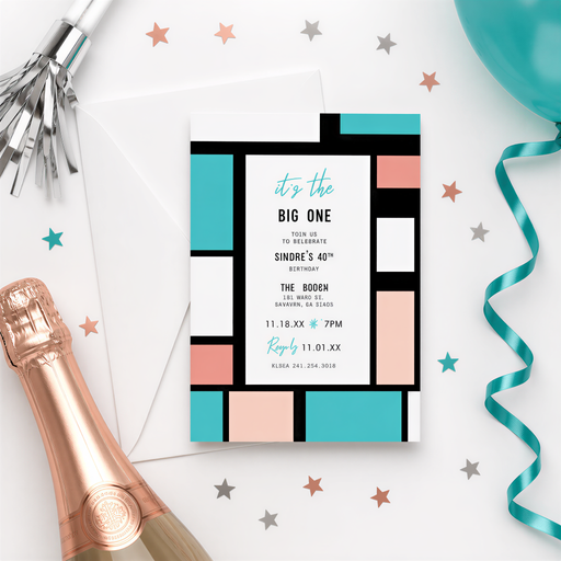 a colorful invitation card with text and a champagne bottle, along with some stars and a blue ribbon.