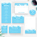various blue and white items, including a menu, thank you cards, and envelopes, arranged on a white background.