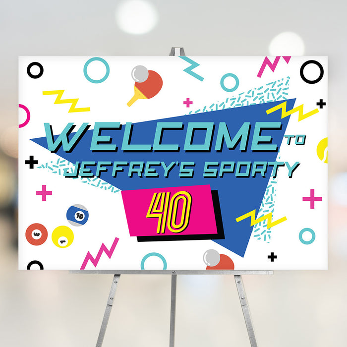 Retro arcade style sporty birthday party welcome sign with bold colorful shapes and game icons, perfect for athletic or game themed celebrations.