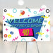 Retro arcade style sporty birthday party welcome sign with bold colorful shapes and game icons, perfect for athletic or game themed celebrations.