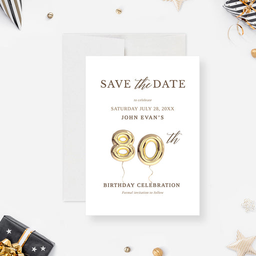 80th birthday save the date card with gold colored balloon numbers on a white background.