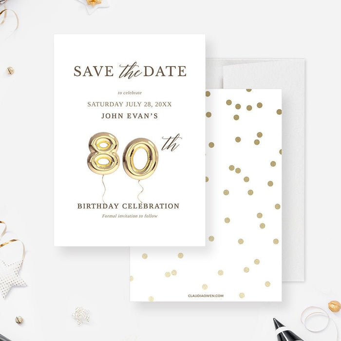 80th birthday save the date card with gold balloon artwork and a coordinating gold confetti back.