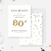 80th birthday save the date card with gold balloon artwork and a coordinating gold confetti back.