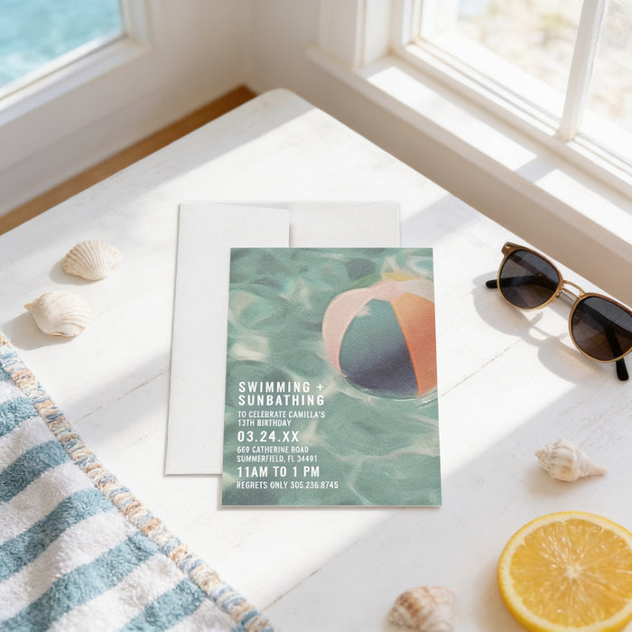 Swimming and Sunbathing Pool Birthday Party Invitation Instant Download