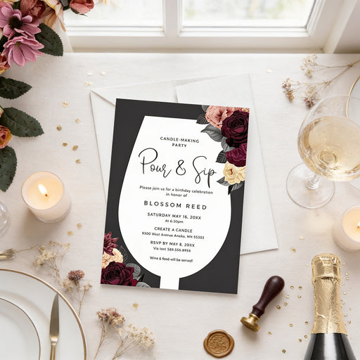 a black and white invitation card with a floral design, surrounded by various party items such as a candle, champagne glass, and a bottle of champagne.