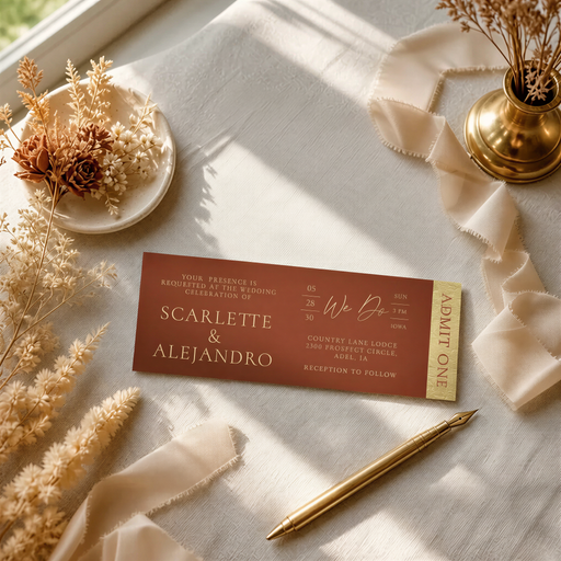 a wedding invitation card with the names "SCARLEET & ALEJANDRO" printed on it, placed on a table with a pen and a vase of dried flowers.