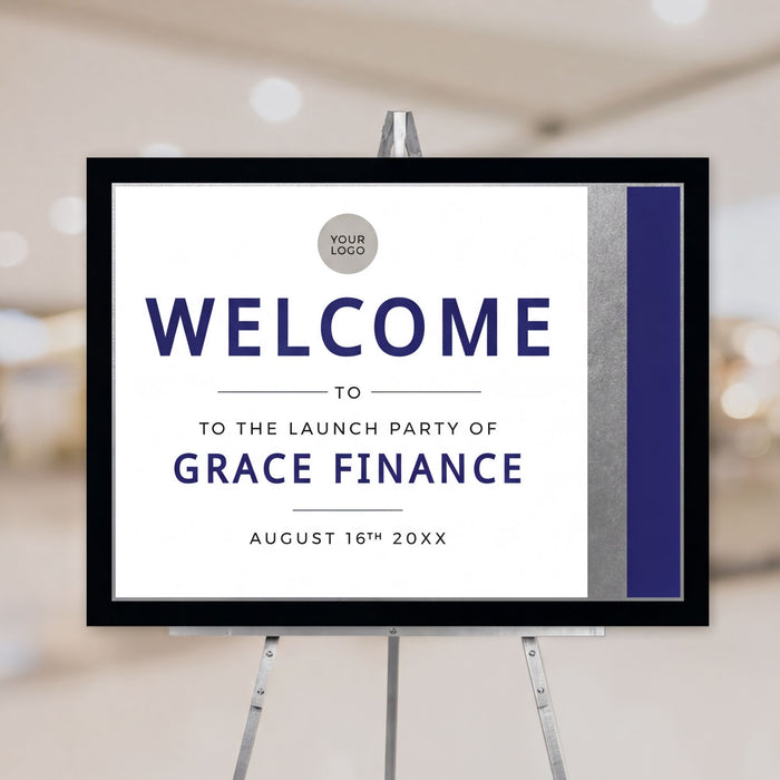 a welcome sign for a launch party of Grace Finance, with a black and white color scheme.