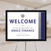 a welcome sign for a launch party of Grace Finance, with a black and white color scheme.