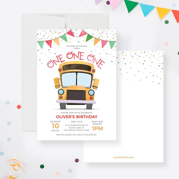 a yellow school bus birthday party card