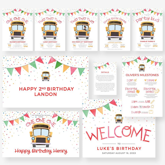 a set of birthday cards with a school bus