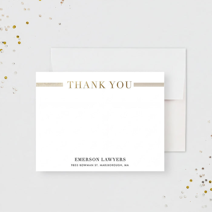 A white thank you card with gold lettering, placed on a white background with scattered gold glitter.