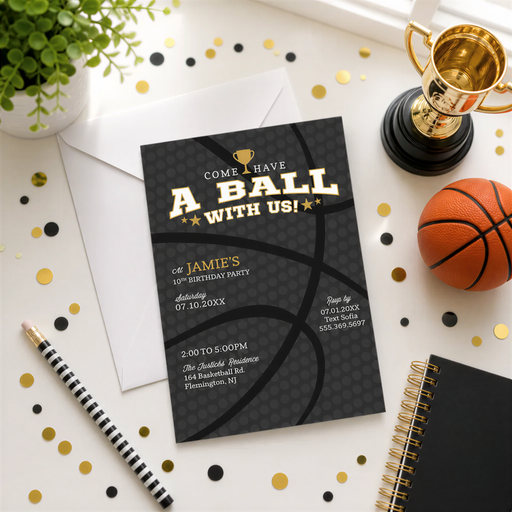 a birthday party invitation for a basketball-themed party, with a basketball design and gold confetti scattered around.