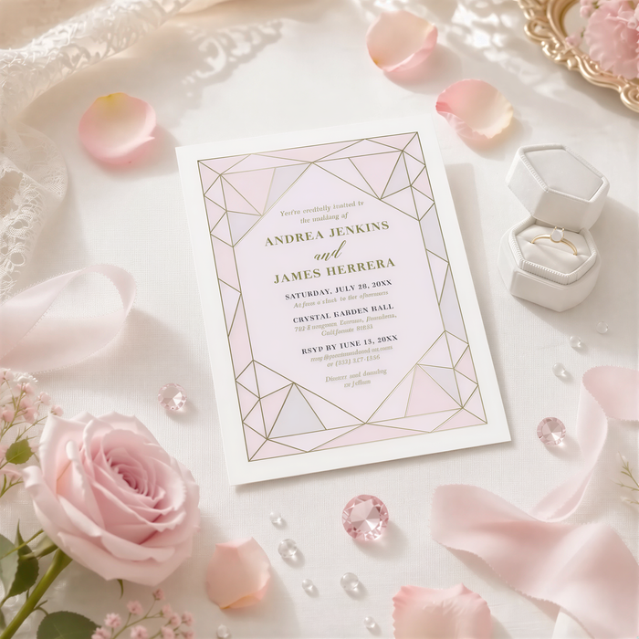 a wedding invitation card with a pink and white color scheme, surrounded by various wedding-related items such as a ring box, rose petals, and gemstones.