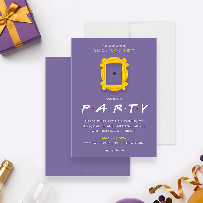 90s sitcom birthday party invitation with purple door frame, playful party wording, and personalized birthday details-front-back