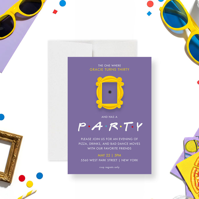 90s sitcom birthday party invitation with purple door frame, playful party wording, and personalized birthday details-front