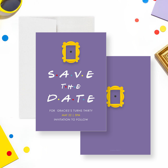 90s sitcom birthday save the date card with purple background, yellow frame detail, dotted lettering, and personalized birthday details-front-back