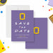 90s sitcom birthday save the date card with purple background, yellow frame detail, dotted lettering, and personalized birthday details-front-back