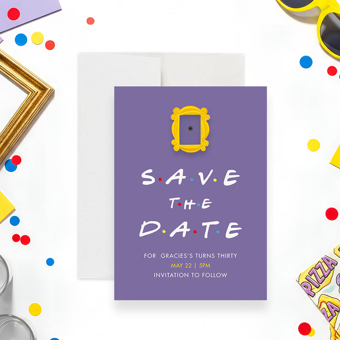90s sitcom birthday save the date card with purple background, yellow frame detail, dotted lettering, and personalized birthday details-front