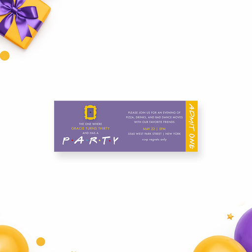 90s sitcom-inspired adult birthday ticket invitation with a purple background, yellow frame detail, colorful lettering, and custom party details