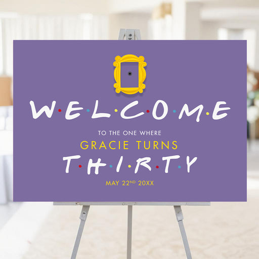 90s sitcom-inspired birthday party welcome sign with purple background, yellow frame detail, colorful dotted lettering, and personalized party details displayed on an easel