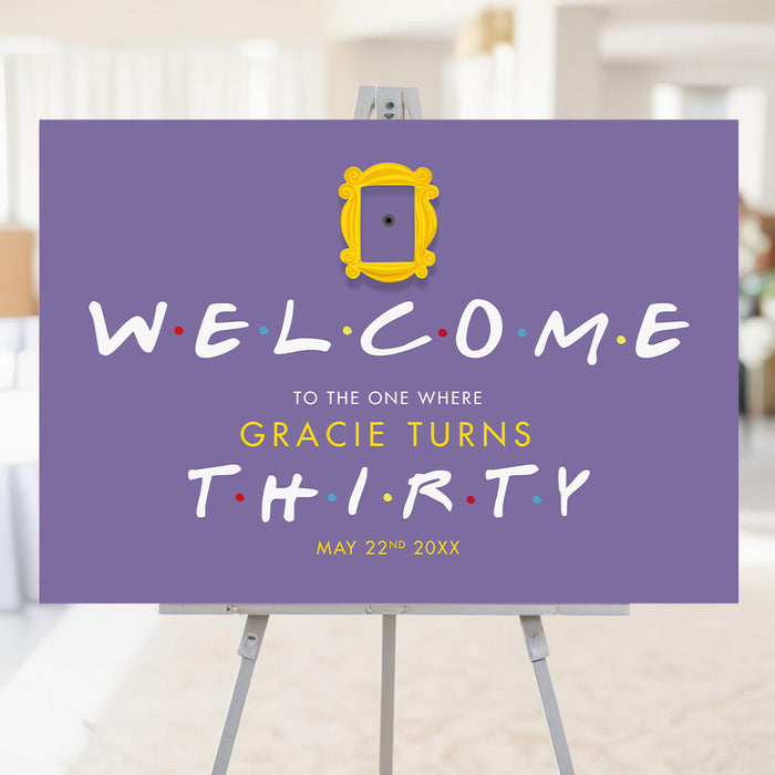 90s sitcom-inspired birthday party welcome sign with purple background, yellow frame detail, colorful dotted lettering, and personalized party details displayed on an easel
