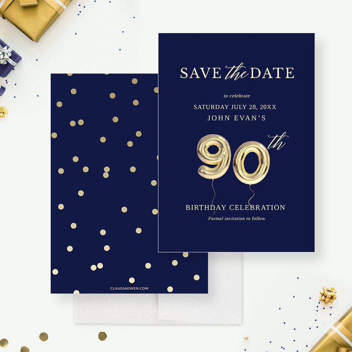 Navy 90th birthday save the date card with gold balloon artwork and a coordinating confetti back.