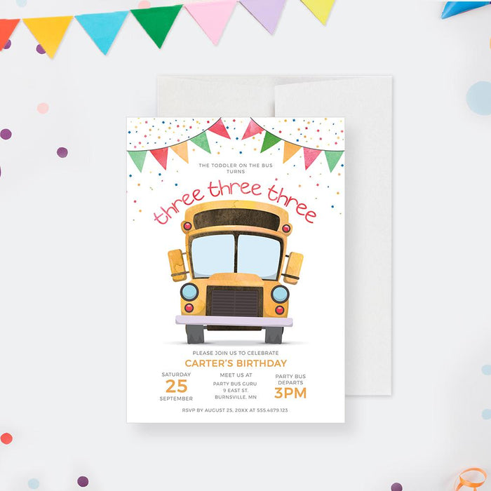 a yellow school bus birthday party card