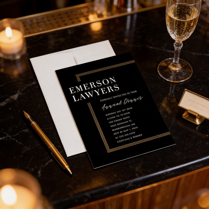 a black invitation card for an event called "EMERSON LAWYERS' ANNUAL DINNER" with details about the date, time, location, and other event information. The card is placed on a marble surface, with a glass of wine, a pen, and a business card nearby.