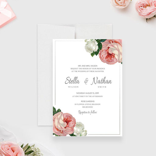 a wedding card with pink flowers and greenery